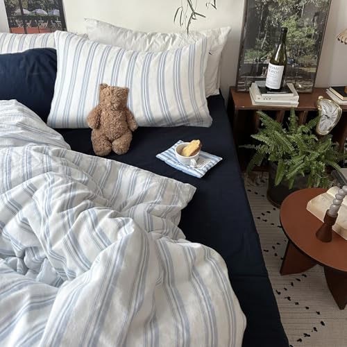 Image of mixinni Vintage Blue & White Striped Duvet Cover Set - 3 Piece 100% Washed Cotton Twin XL Size Bedding | Minimalist Relaxed Style | Ultra Soft Breathable, with Zipper Closure & Corner Ties