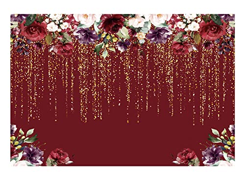 Funnytree 7x5ft Burgundy Red Flowers Backdrop Golden Glitter Floral Birthday Party Photography Background Bridal Shower Wedding Girl Anniversary Decor Photo Studio