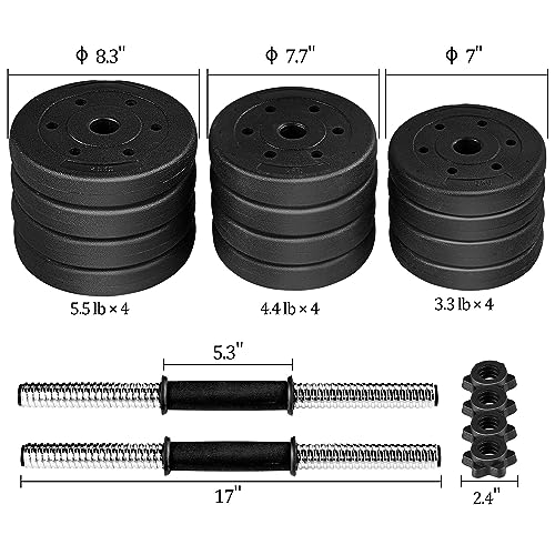 Image of Yaheetech Adjustable Dumbbell Set Free Weights with Spinlock Collars, Black | Concrete-filled plastic plates, iron bar, non-slip grip; strong durability, easy weight adjustments for home gym beginners