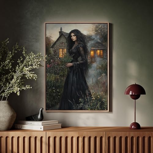 Gothic Oil Painting of a Mysterious Woman in Black Dress