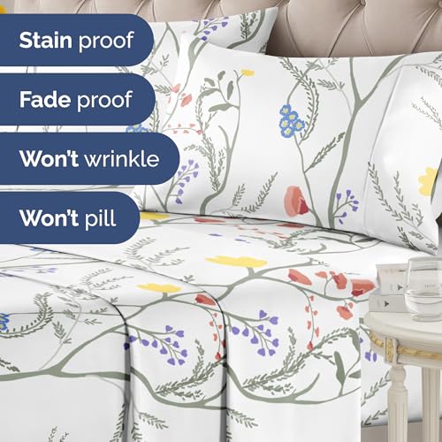 Image of Full 3 Piece Floral Sheet Set - Soft, Breathable & Cooling - Wild Flower | 1 Flat, 1 Fitted & 1 Pillowcase w / Deep Pockets, Boho Botanical Floral Bedding, Breathable & Cooling, Wrinkle & Fade Free