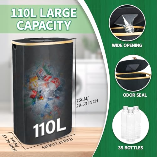 MOWETOO 110L Pfandflaschen Sammelbehälter mit Deckel & 2 abnehmbaren Tragetaschen, Groß Pfandflaschen Aufbewahrung, Behälter Leergut & Altglas Aufbewahrung, Küche Abstellraum Flaschentasche