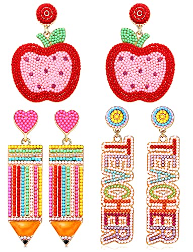 2/3 Pairs Pencil Earrings - Rhinestone Beaded Dangle Drop Earrings for Women - Colorful Teacher Appreciation Gift Set