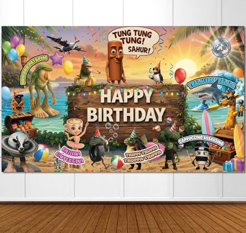 IndoTribe Italian Brainrot Birthday Decorations 5x3ft Italian Brainrot Happy Birthday Backdrop Beach Theme Italian Brainrot Birthday Party Decorations Italian Themed Happy Birthday Banner for Boys