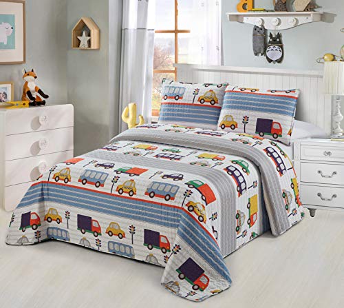 Better Home Style Blue Cars Trucks Buses Taxis Vehicles City Streets Themed Kids/Boys/Toddler Coverlet Bedspread Quilt Set With Shams # Transportation (Queen/Full) #TOP24