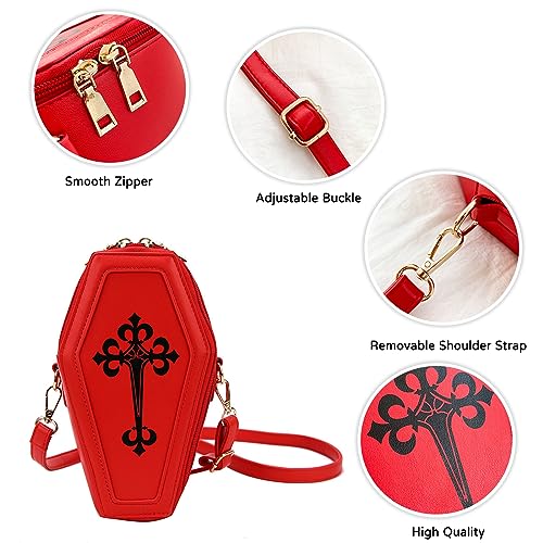 PORRASSO Gothic Crossbody Bag Women Shoulder Bag PU Messenger Bag Coffin Shape Handbags for Travel Halloween Daily Use Red4
