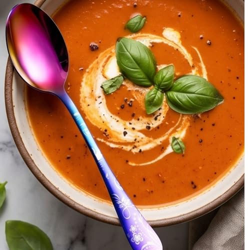 Image of 8 inch Rainbow Silverware Dinner Spoons with Floral Printed Handle | 5-Piece Premium Stainless Steel Flatware Set | Dishwasher Safe Cutlery Set for Home, Restaurant & Gifting