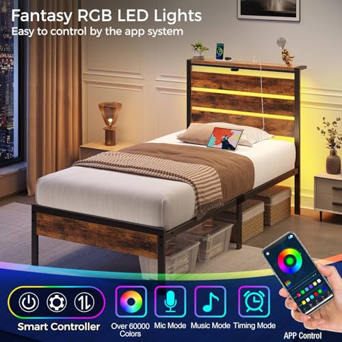 Image of Rolanstar Bed Frame Twin Size with USB Charging Station, LED Bed Frame with Wood Storage Headboard, Rustic Brown Metal Platform Bed with Under Bed Storage, No Box Spring Needed, Noise Free