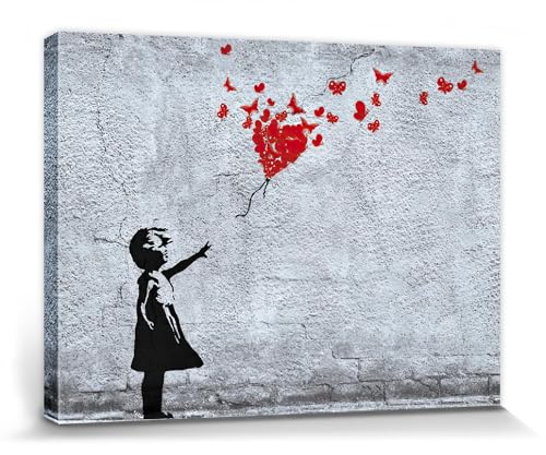 1art1 Mädchen Poster Mädchen Mit Luftballon Und Schmetterlingen, Banksy-Style Bilder Leinwand-Bild Auf Keilrahmen | XXL-Wandbild Poster Kunstdruck Als Leinwandbild 40x30 cm