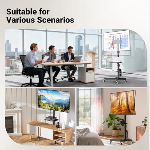 BONTEC TV Ständer Rollbar für 23-60 Zoll LED LCD OLED, Max. VESA 400x400mm, bis 40 kg, Höhenverstellbarer Fernsehständer mit Rollen und Lochplatte, Medienablage, Kabelmanagement, Schwarz