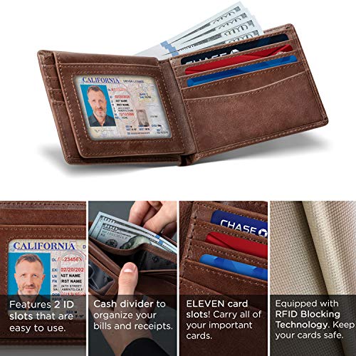 Image of SERMAN BRANDS 2 ID Window Wallet for Men RFID Blocking Leather, Bifold Top Flip, Extra Capacity Travel Wallet