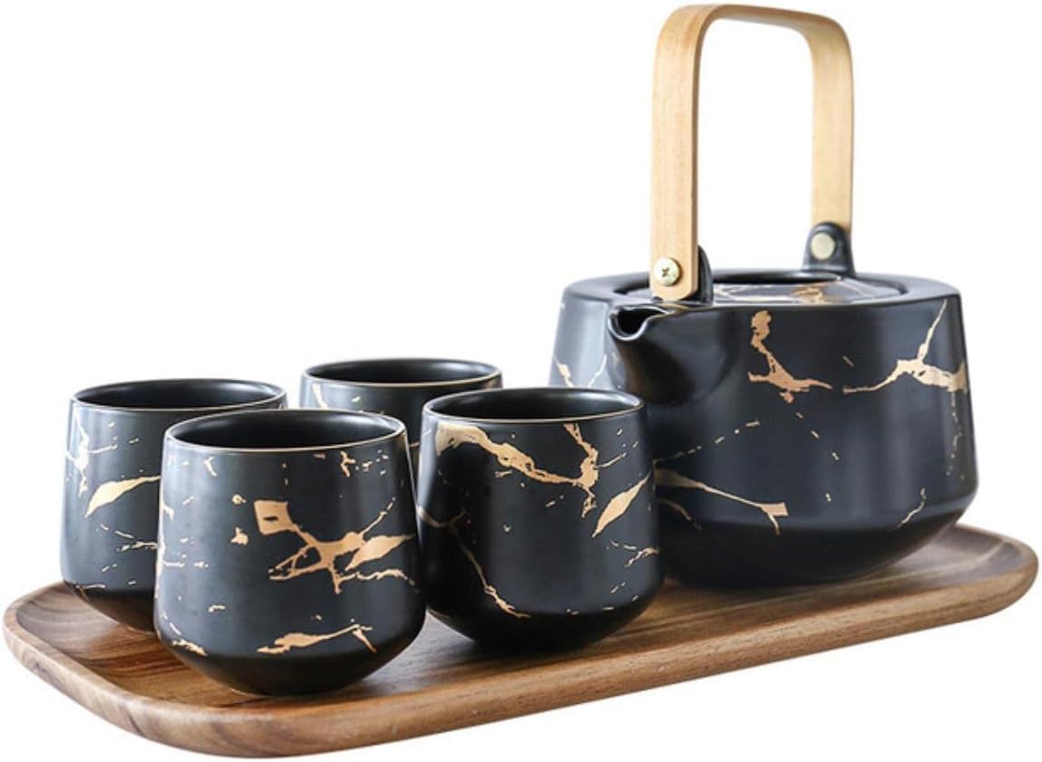 Marbling Household Tea Set Japanese-Style Black and White Ceramic Afternoon Tea Cup with Acacia Mangium Base Support Teapot