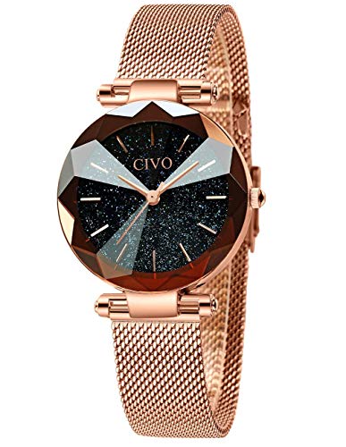 Luxury Gold Watch for Women, Ladies Watches with Starry Crystal Dial, Stainless Steel Waterproof Gift Watch for Woman Girls, Business Women Dress Wrist Watches