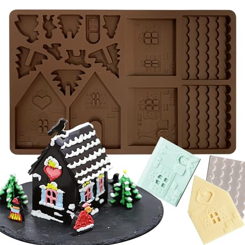 UTEFIF Le nouveau moule en silicone maison de Noël DIY 3D Maison en pain d'épice pour bonbons de vacances, muffins, gâteaux, biscuits