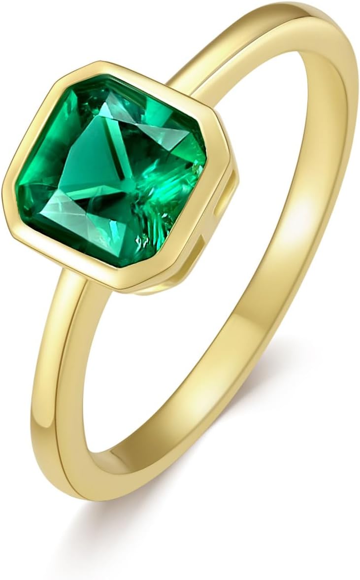 AFFY Solitaire Engagement Ring For Women, 6X6MM Asscher Shape Zambian Emerald Lab Grown Gemstone Wedding Promise Ring for Her In 14K Yellow Gold Over Sterling Silver (0.85 Cttw)