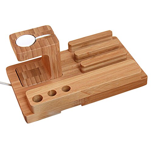 Moozo Bamboo Wood Multi-Device Desktop Charging Dock Station Charger Holder Cradle Charge Stand Compatible Iphone X 8 7 6 6S Plus Apple Watch 2 3 4 / Iwatch Samsung Galaxy S8 S7 S6 Edge Smartphones #TOP7