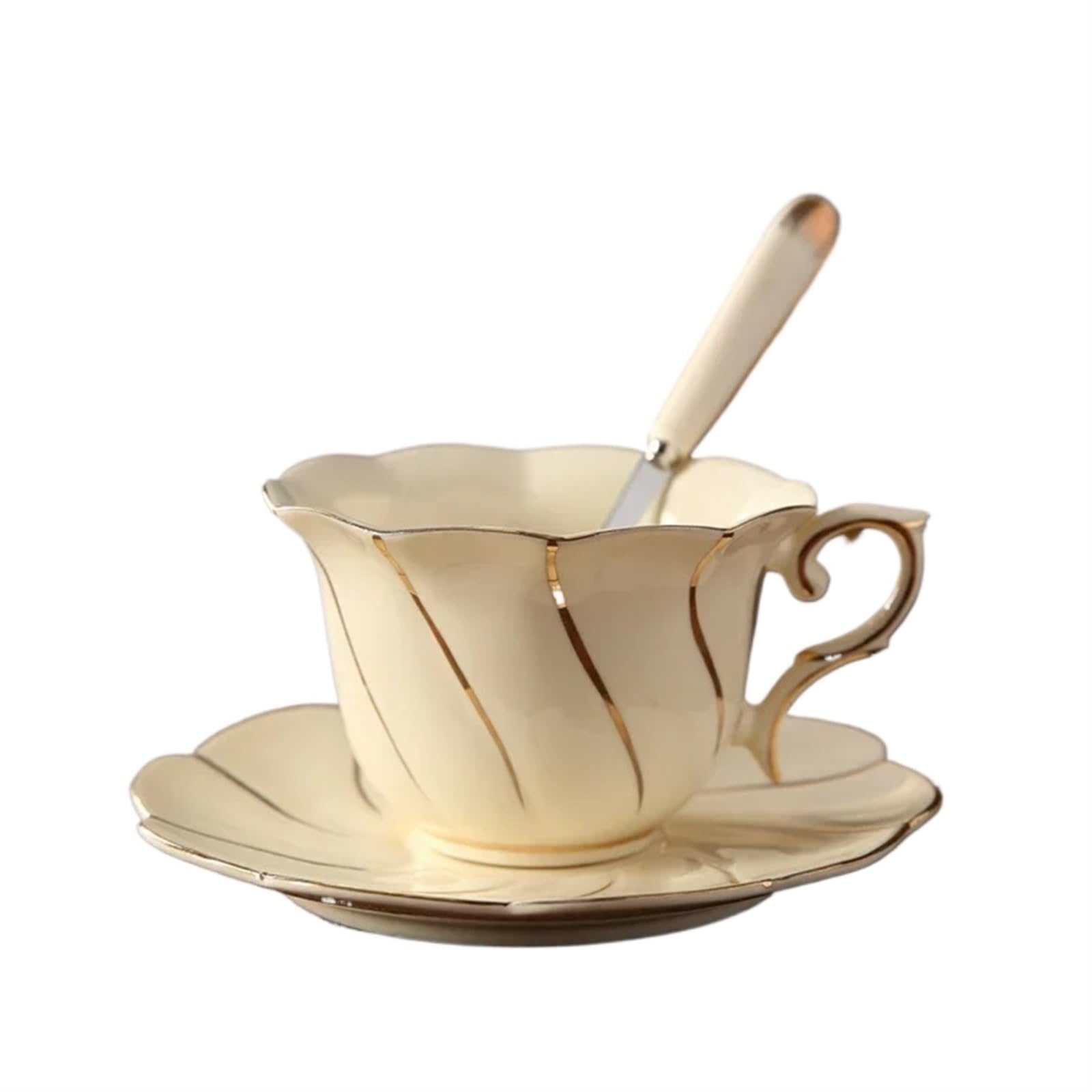 Porcelanowa porcelanowa filiżanka do herbaty z łyżeczką, ceramiczny zestaw filiżanek i talerzy do kawy ze złotym gwintem, porcelanowy kubek do herbaty (B)