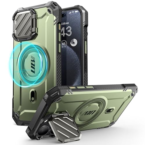 SUPCASE for iPhone 15 Pro Max Case with Camera Cover & Stand (UBMag XT) [Compatible with MagSafe] [Built-in Kickstand] [Military-Grade Protection] Heavy Duty Rugged Magnetic Phone Case, Guld
