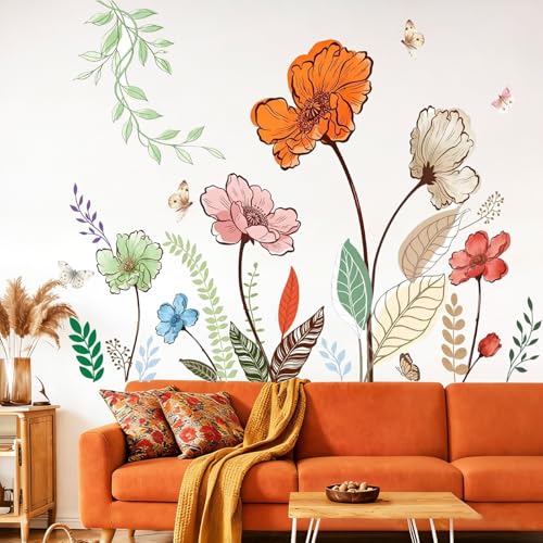 Flower Wall Decals Large Boho Wall Stickers - Wildflower Floral Spring Wall Art Decals Wall Decor Peel and Stick for Living Room Bedroom TV Wall