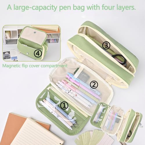 Image of Zibuyu Large Capacity Student Pencil Pouch for Girls & Boys, Fashion 9-Layer Pencil Case Bag, Zip-up Pencil Organizer, Multipurpose Pouch for Stationery Items, Makeup, Accessories, Green