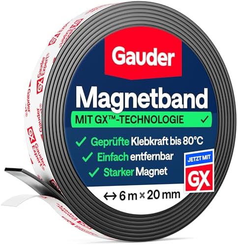 GAUDER Magnetband selbstklebend stark, Magnetklebeband (6 m x 20 mm) | Magnetstreifen selbstklebend stark, Klebemagnete mit hoher Magnetkraft, magnetisches Klebeband zuschneidbar