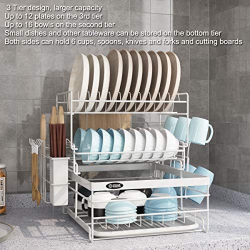 YINGAVERSAI Dish Drainer Rack Stainless Steel with Drip Tray, Large 3 Tier Dish Drying Rack with Cup/Cutting Boards/Cutlery Holder, Black Plate Drainer Draining Board Rack for Kitchen Counter