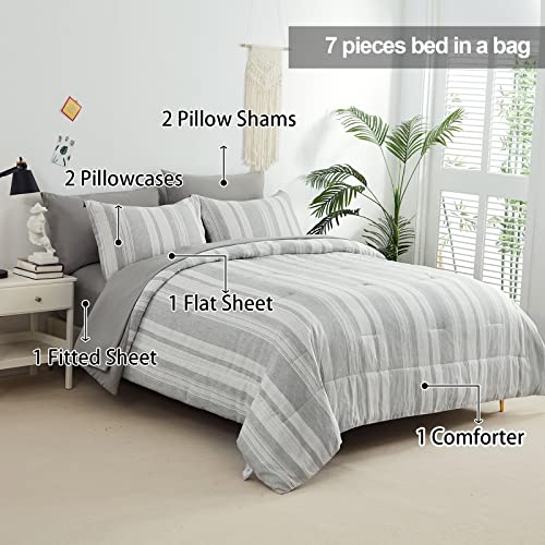 Mybedsoul Bed In A Bag Queen 7 Pieces Grey White Striped Bedding Comforter Set Cationic Dyeing All Season Bed Set, 2 Pillow Shams, Flat Sheet, Fitted Sheet And 2 Pillowcases #TOP1