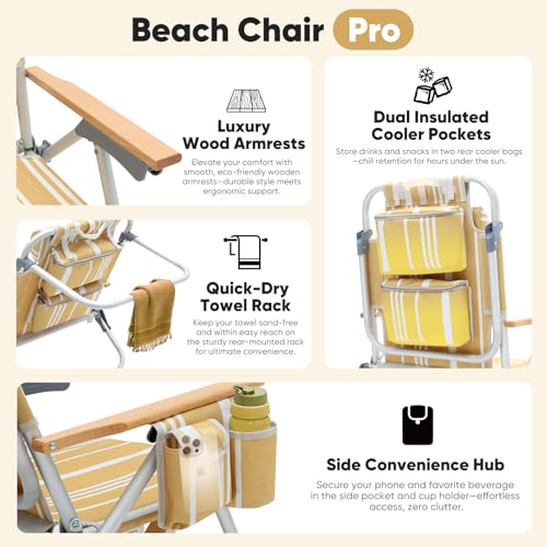 Sekey Aluminum Beach Chair for Adults with 5-Position Classic Lay Flat, Lightweight Folding Backpack Beach Chair with 2 Cooler Bag, Towel Bar, Cup Holder & Phone Holder for Outdoor, Camping, Lawn