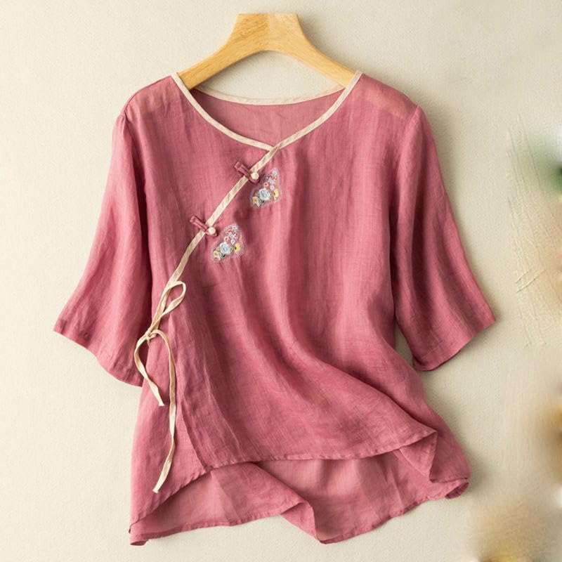 Women's Ethnic Style Asymmetrical Frog Button Embroidered Short Sleeve Cotton Linen Top Summer Loose Fit Blouse