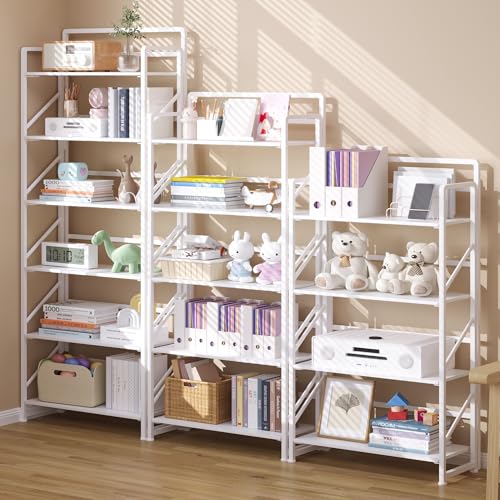 Image of JSB No Assembly Folding Bookshelf, 6 Tier Industrial Metal Book Shelf for Storage, Vintage Wood Foldable Bookcase for Living Room, Bedroom, Office Organization Shelves