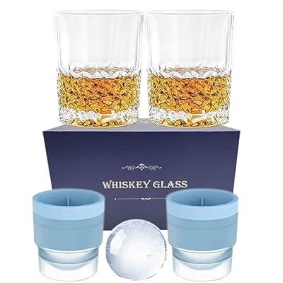 Whiskey Glasses,4-piece set (2 Crystal Glasses, 2 Round Ice Ball Molds) In Gift Box, 10 oz Old Fashioned,2.5 Inches Sphere Ice Ball,Cocktails,Brandy,Whiskey Gift for Men at Home Bar