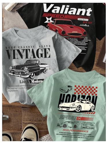 Toddler Boy's 3 Packs Car Graphic Tees Short Sleeve Crew Neck Summer T Shirt Casual Cute Tops3