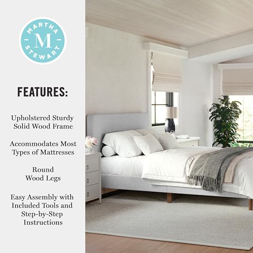 Image of Martha Stewart Britta Platform Bed with Headboard & Footboard, Faux Linen Upholstery with Piping Detail, Rounded Headboard, No Box Spring Needed, Queen, Gray