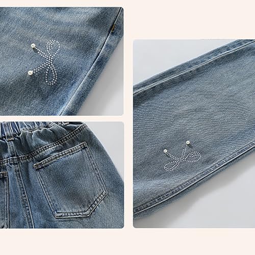 Girl's Bow Print Denim Pants Tween Elastic High Waist Basic Straight Leg Baggy Y2K Jeans Kids Vintage Cool Regular Trousers4