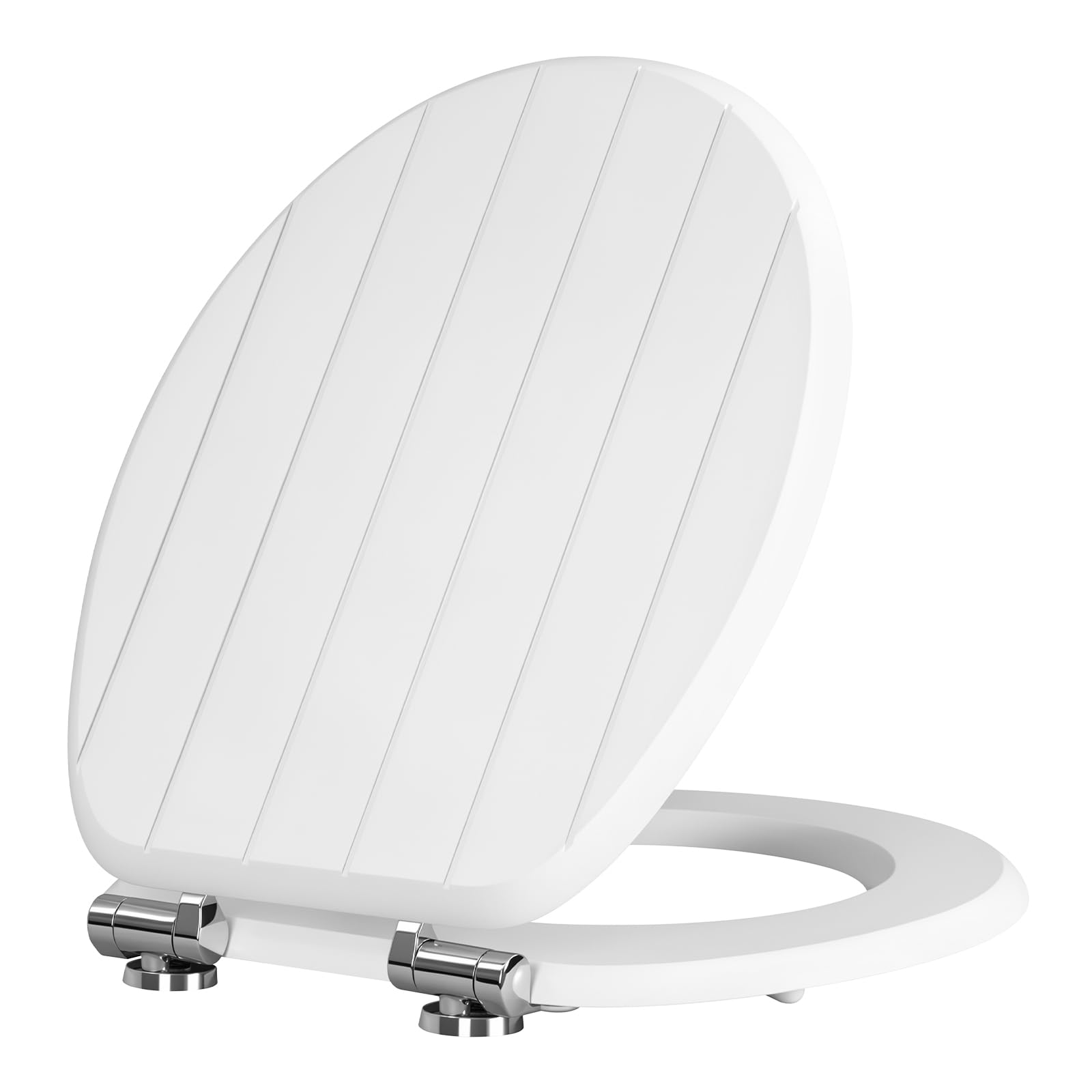 WOLTU Soft Close Toilet Seat, Universal Toilet Seat O-Shaped Wooden with Stainless Steel Hinges, Easy Cleaning and Install, Striped Texture, Comfortable, MDF, White