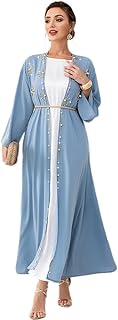 Muslim Abaya Long Sleeve Open Front Rhinestones Kaftan Cardigan Maxi Dress for Women with Belt