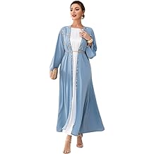 Muslim Abaya Long Sleeve Open Front Rhinestones Kaftan Cardigan Maxi Dress for Women with Belt