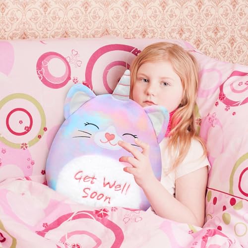 Image of Easfan 13'' Get Well Soon Unicorn Cat Plush Pillow Soft Cute Stuffed Animal with Silver Horn Feel Better Gifts for Kids Patient Feel Better for Women