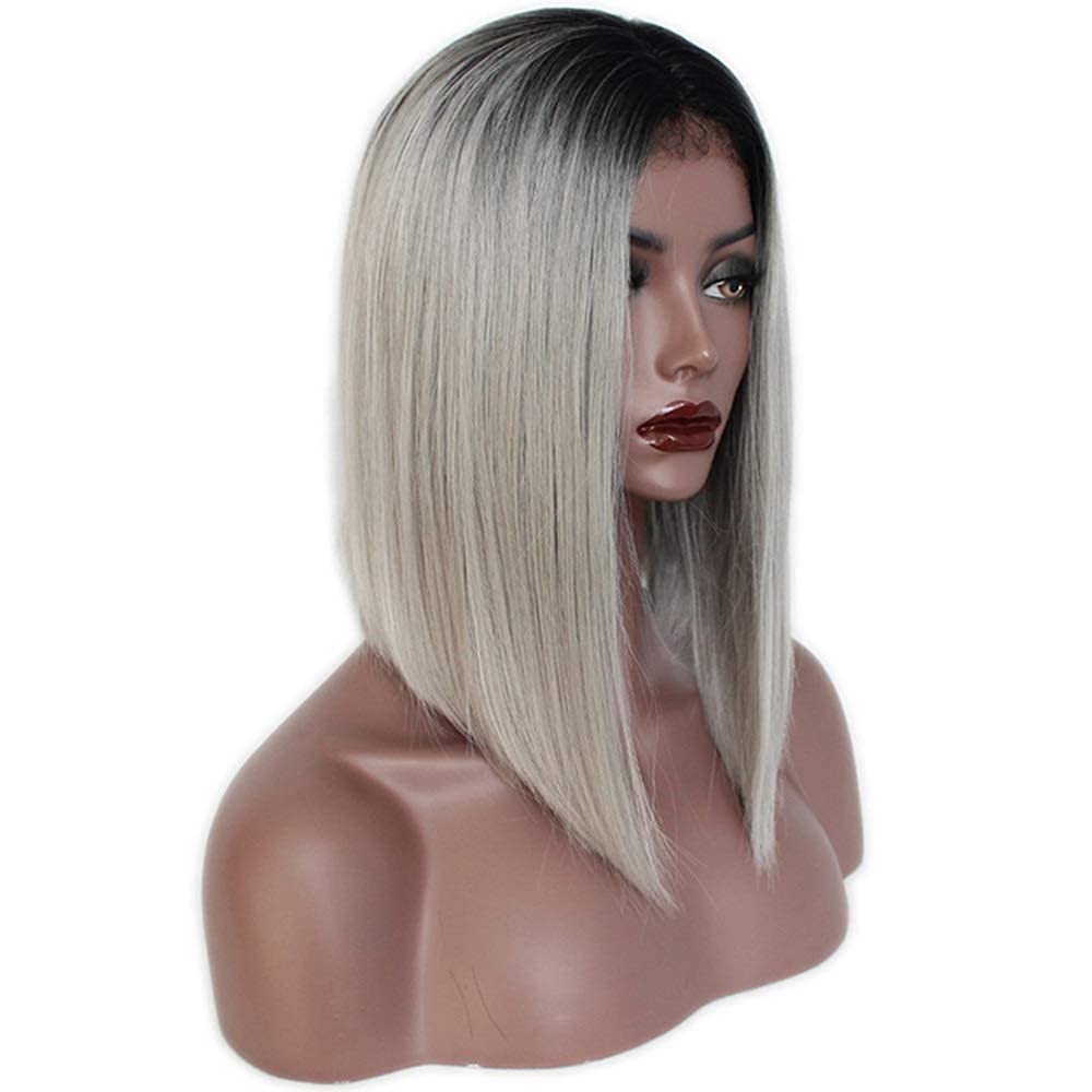 Perruque cheveux longs raides gris synthétique avec raie au milieu