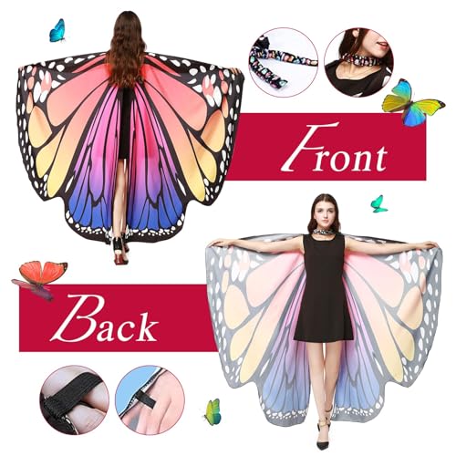 BOFUNX Damen Schmetterling Kostüm Umhang + Schmetterling Haarreif + Schmetterling Gesicht Aufkleber Schmetterlingsflügel Erwachsene für Halloween Fasching Party Cosplay