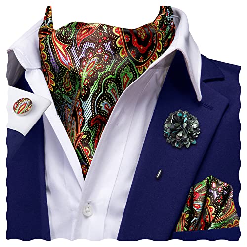 Image of Hi-Tie Silk Ascot for Men Self Tie Men's Cravat and Flower Lapel Pin Handkerchief Cufflinks Set for Wedding Party