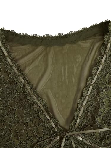 Image of Verdusa Women's Sheer Shrug Crop Top Long Sleeve Tie Front Lettuce Trim Mesh Open Cardigan Top Mesh Army Green X-Large