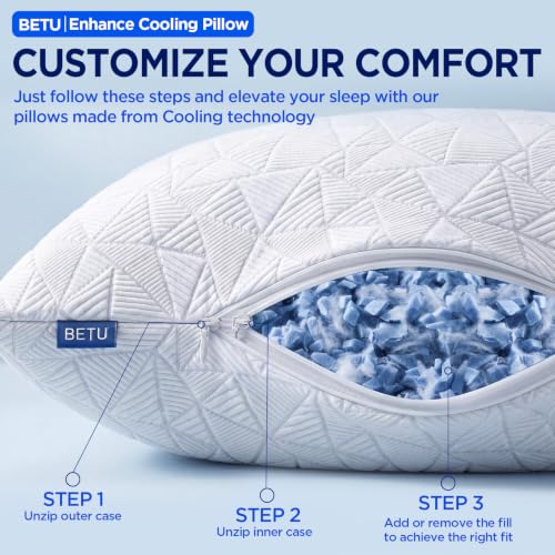 Image of BETU Enhanced Cooling Pillows Queen Size Set of 2, Shredded Memory Foam Cool Pillow for Hot Sleepers, Two Side Cool Adjustable Firm Soft Support Bed Pillows Perfect for Side Back Stomach Sleeper,White