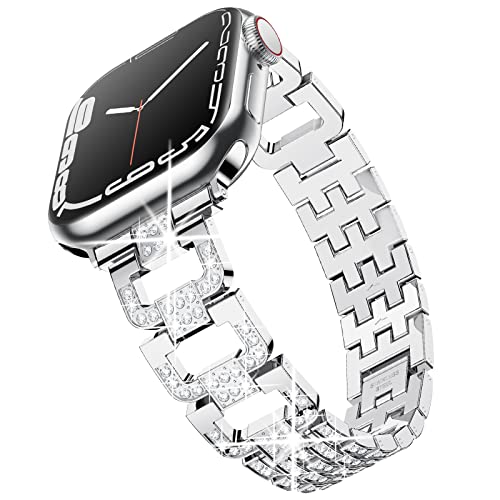 Goton Bling Metal Band Compatible for Apple Watch Band 38mm 40mm 41mm for Women, Glitter Rhinestone Diamond Stainless Steel Strap for iWatch Series SE Series 7 6 5 3 2 1 Accessories Silver
