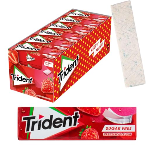iChuches- Chicle sin azúcar de larga duración Trident. Refrescante, sin calorías, ideal para el aliento (24 und, lámina fresa)