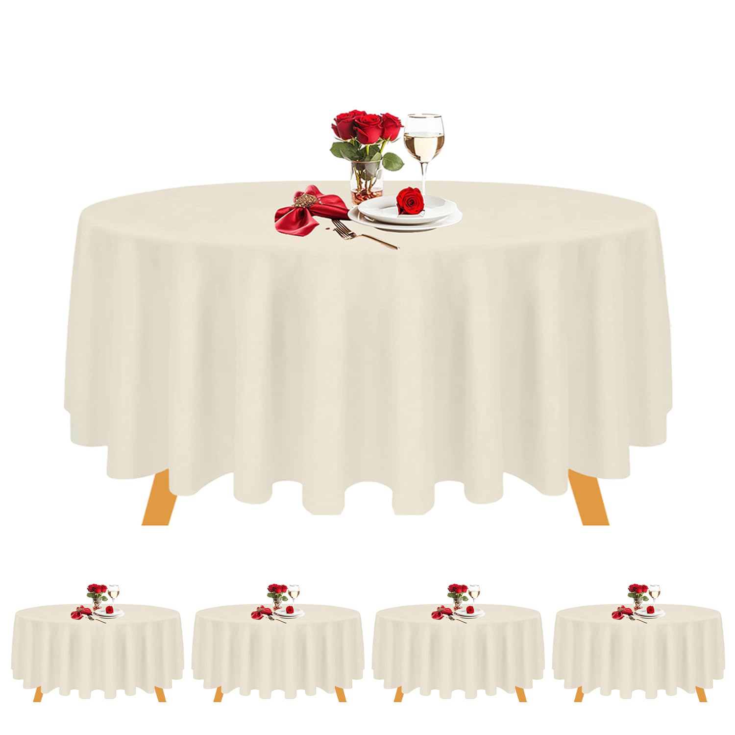 Trimming Shop Round Table Cloth, 228cm Diameter, Polyester Tablecloth 90 Inch Stain and Wrinkle Resistant Washable Table Cover for Kitchen Dinning Party, Wedding Banquet Decoration, Ivory, 5pcs
