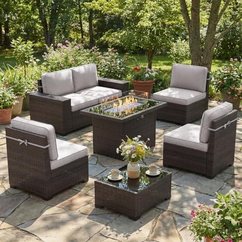 LayinSun 7 Pieces Outdoor Patio Furniture Set with 44" Fire Pit Table Brown Rattan Sectional Sofa Conversation Sets