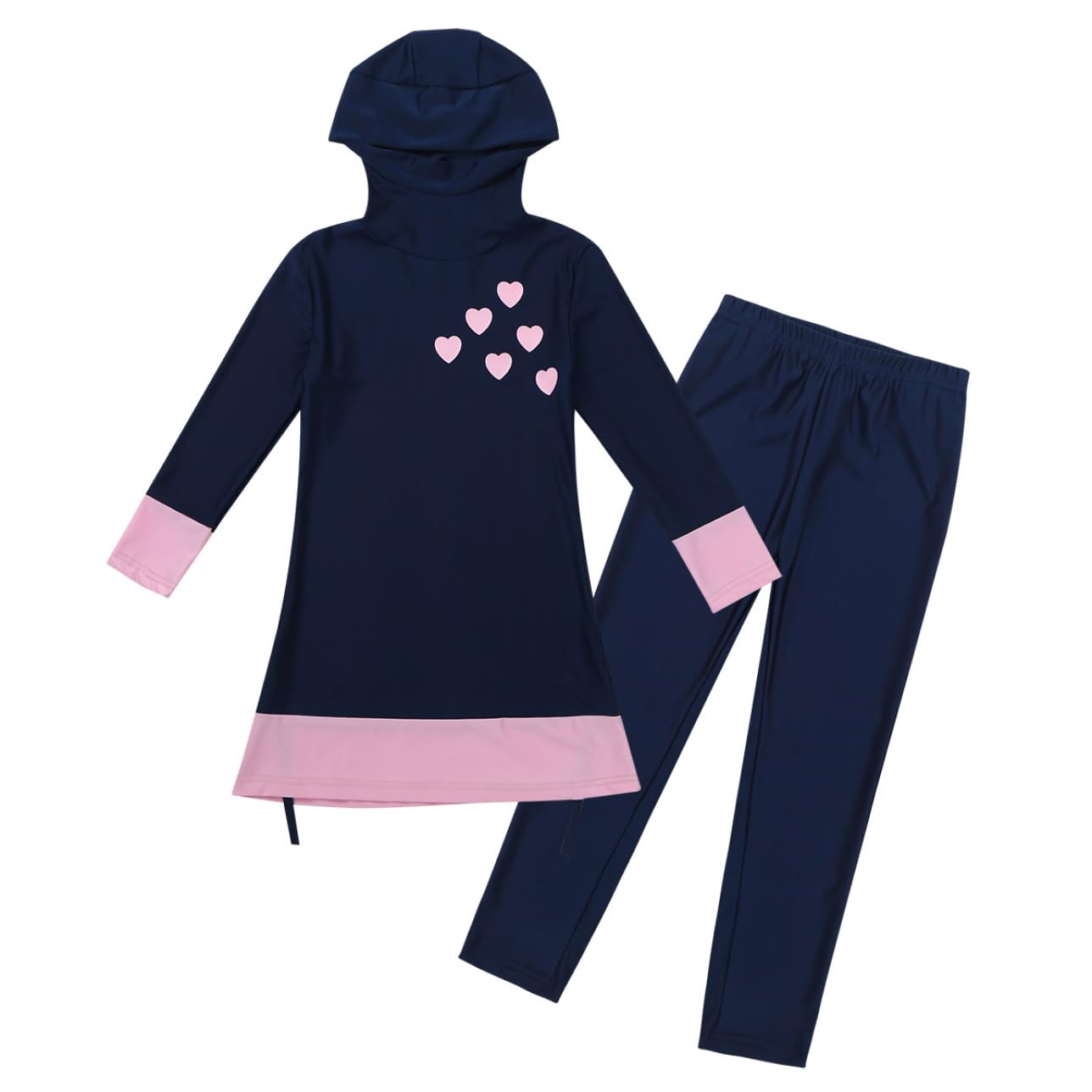 Eandarui Girls Muslim Swimwear Burkini Full Cover Hijab Modest Swimsuit Long Sleeve Top+Pants Kids Rash Guard Set Navyblue 12-14 Years