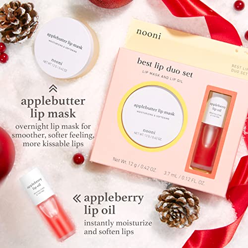 Nooni Best Lip Duo | Applebutter Lip Mask And Appleberry Lip Oil Value Set | With Shea Butter, Apple Seed Oil And Vitamins, Overnight Lip Mask, Hydrating Lip Balm, Korean Lip Butter, Moisturizing, Softening, Smoothening, Clear Butter Gloss Finish, Skincare Set For Lip Repair, Lip Masks, Fruit Lipbalm, Gift, Vegan, Cruelty-Free #TOP1