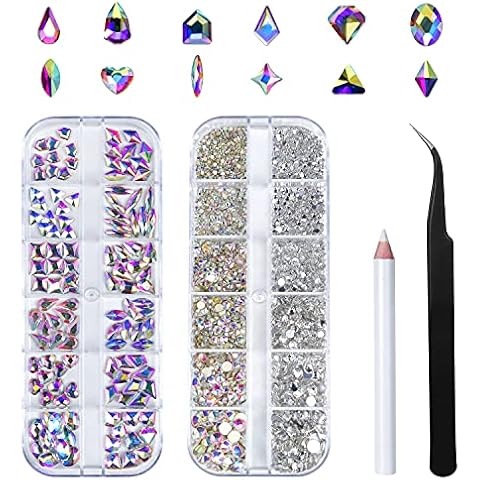 Nail Art Rhinestones Kit HUETFAT 120Pcs Multi Shapes Glass Crystal Ab nail Stones Nail Jewels + Flatback Nail Gems Rhinestones for Nails 2400Pcs With Pick Up Tweezer and Wax Pencil (120+2400pcs) Cover